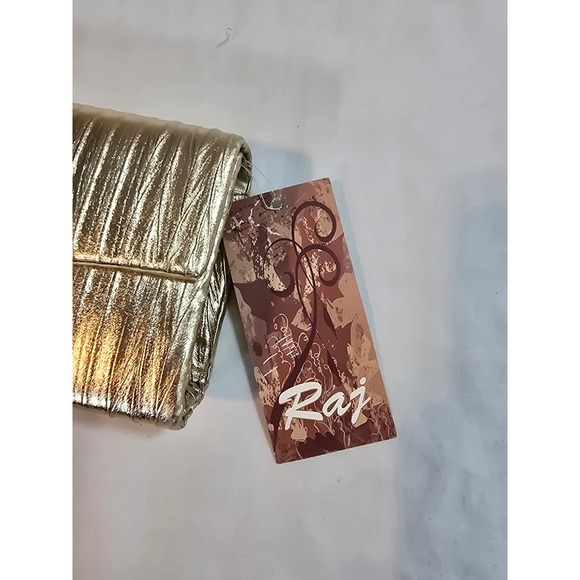 Raj Gold Metallic Pleated Clutch Evening Bag Rhinestone Embellished Chain Strap - Picture 4 of 9